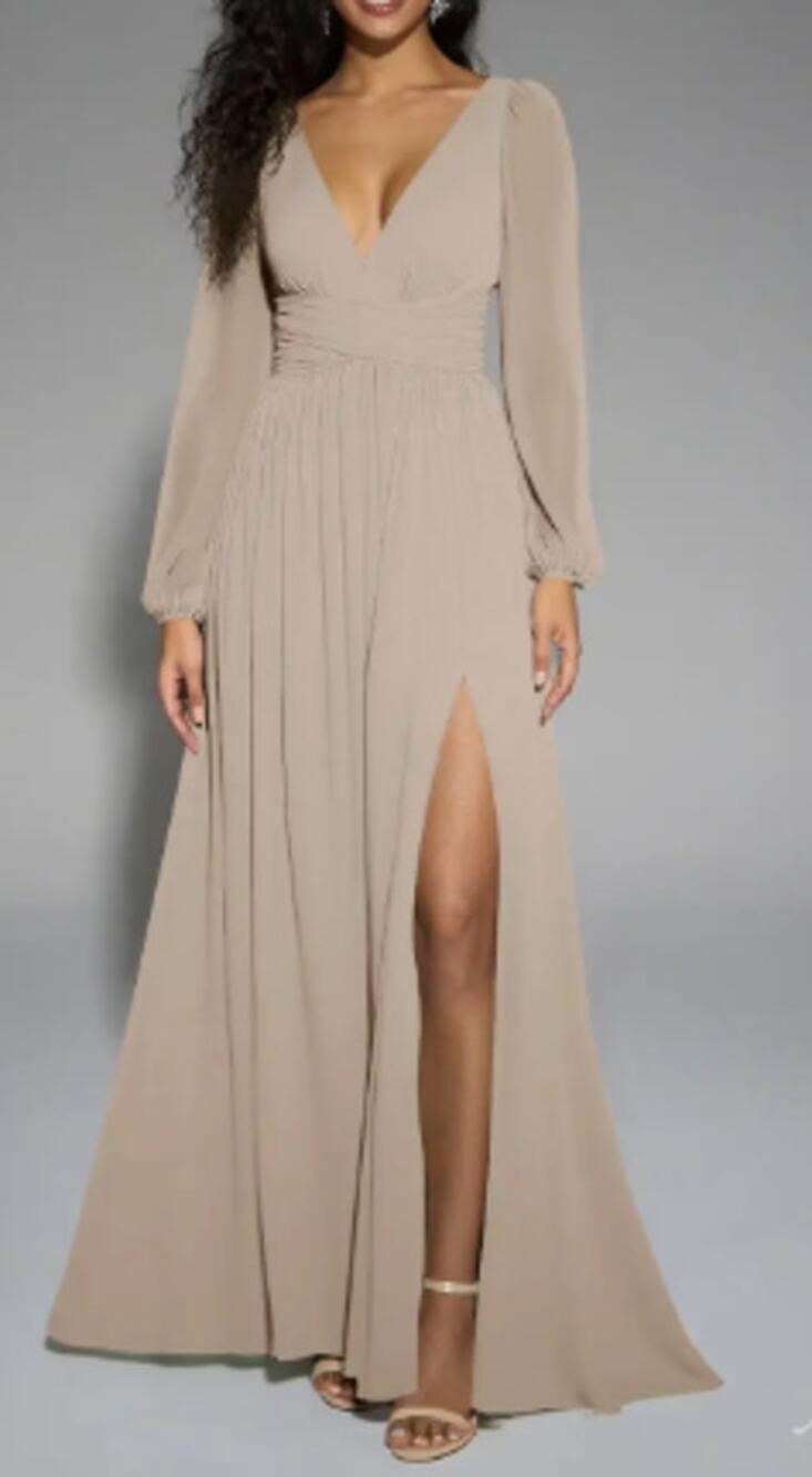 AW BRIDAL SZ 4 S taupe Elspeth chiffon Long Sleeve Formal party Maxi Dress B35